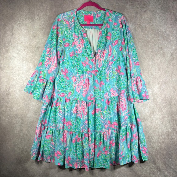 Lilly Pulitzer Dresses & Skirts - Lilly Pulitzer Gabriel Dress Womens 14 Blue Green Floral Tiered Ruffle Resort